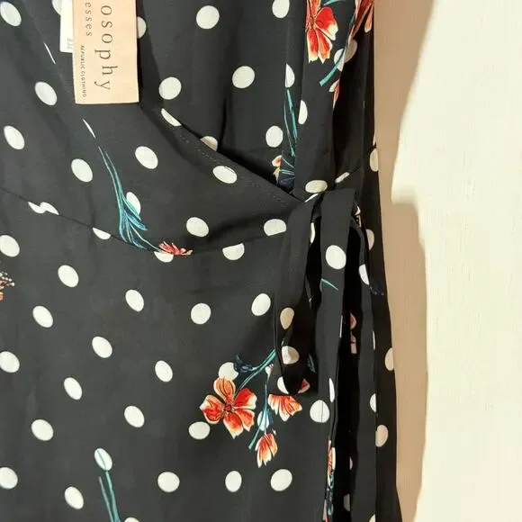 Philosophy Faux Wrap Maxi Dress NWT Womens 10 Black Red White Polka Dot Floral - Picture 10 of 10